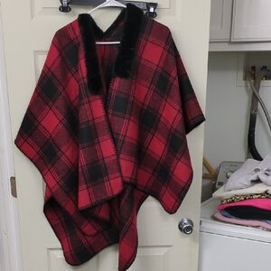 LOFT Red and Black Plaid Cape with Faux Fur Collar